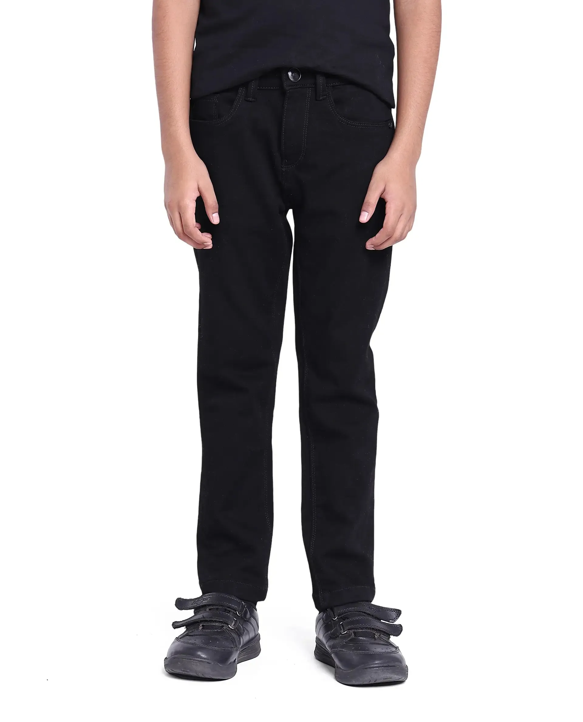 Rare Ones Kids Kino Black Cotton Poly Solid Slim Fit Denim Pant