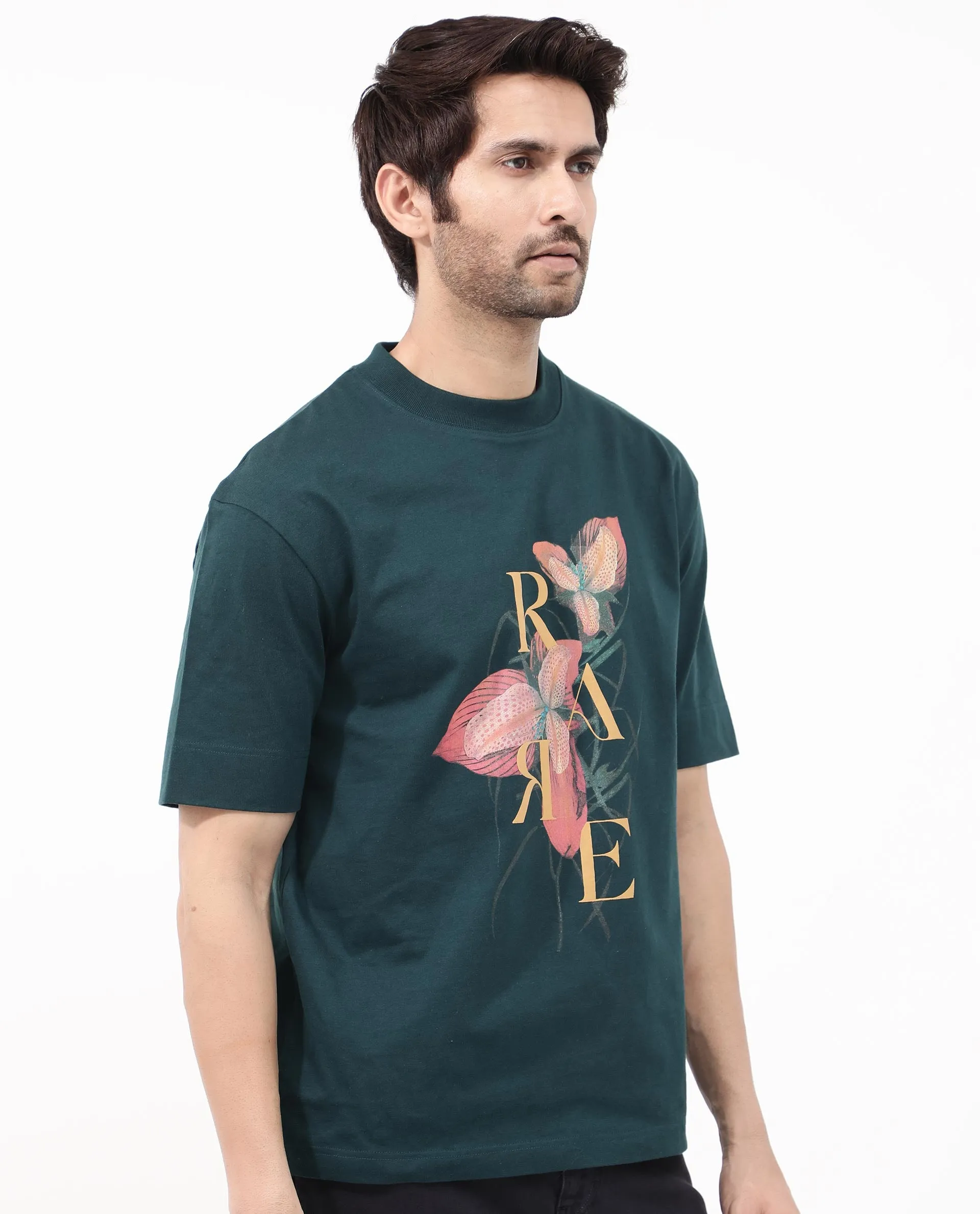 Rare Rabbit Articale Mens Tate Dark Teal Cotton Fabric Short Sleeve Crew Neck Oversized Fit Printed T-Shirt
