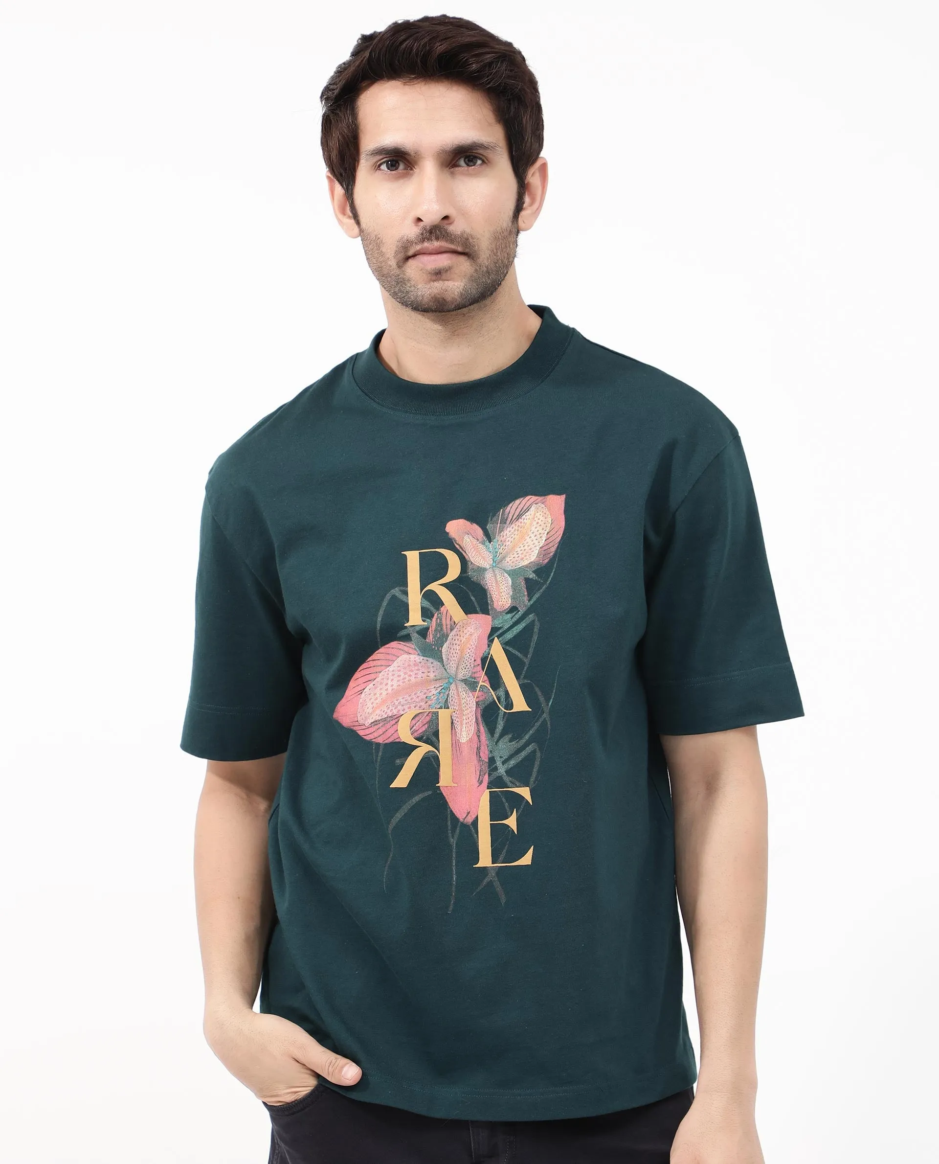 Rare Rabbit Articale Mens Tate Dark Teal Cotton Fabric Short Sleeve Crew Neck Oversized Fit Printed T-Shirt