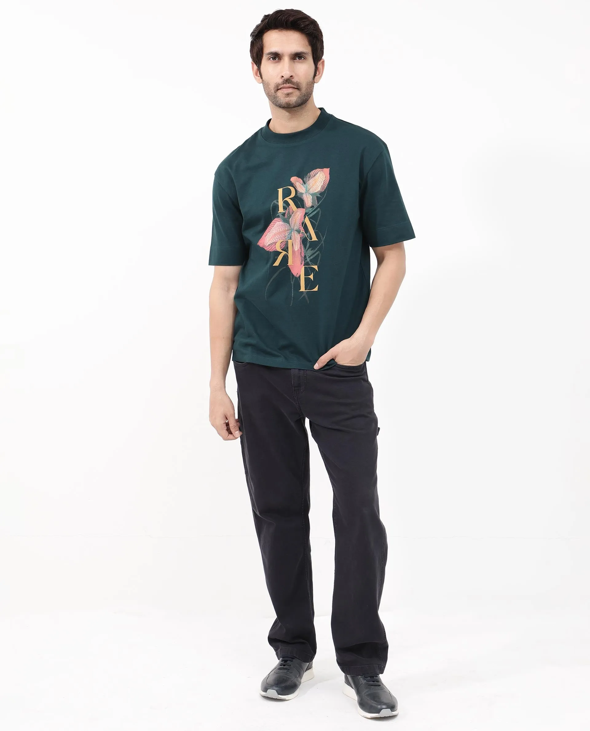 Rare Rabbit Articale Mens Tate Dark Teal Cotton Fabric Short Sleeve Crew Neck Oversized Fit Printed T-Shirt