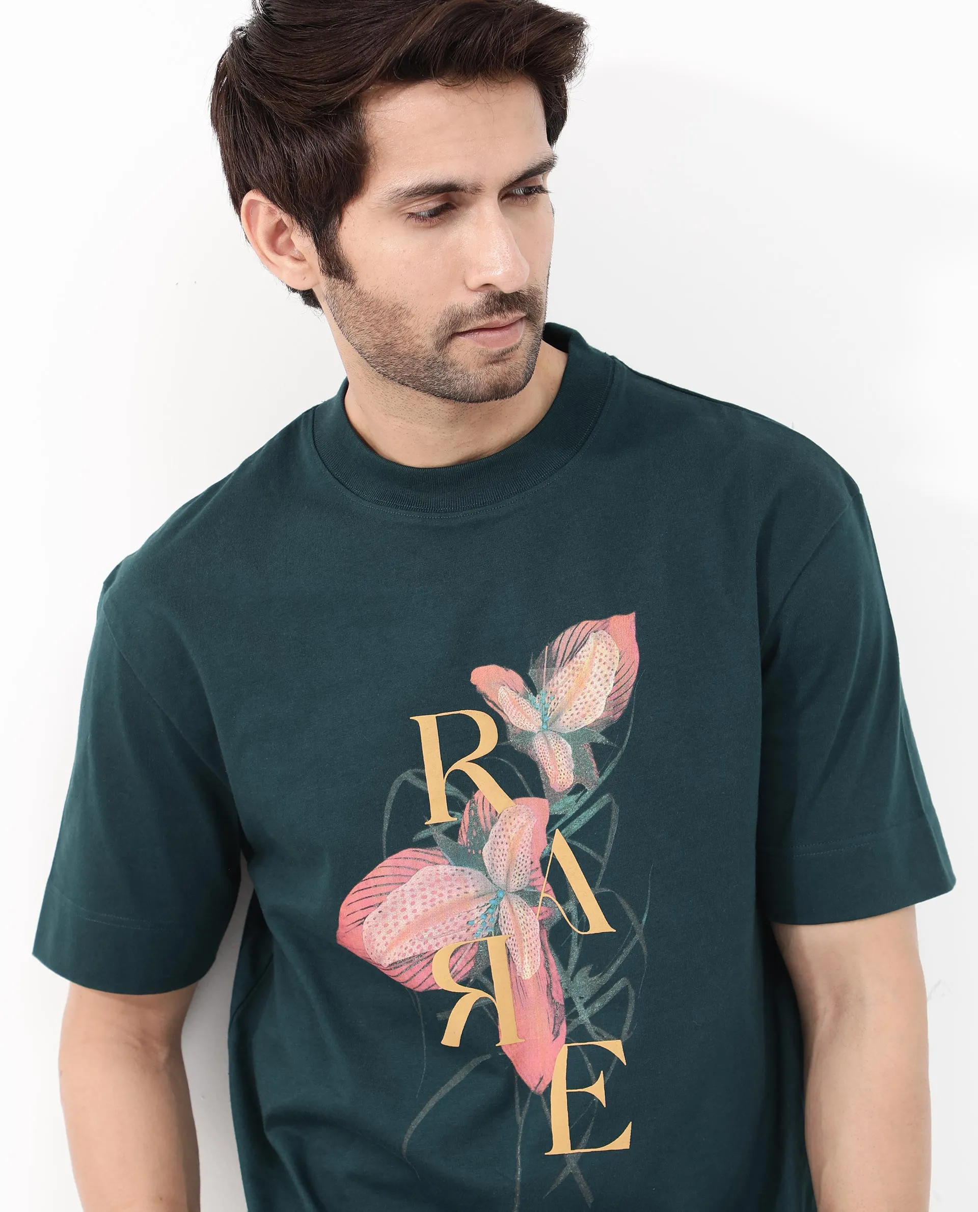 Rare Rabbit Articale Mens Tate Dark Teal Cotton Fabric Short Sleeve Crew Neck Oversized Fit Printed T-Shirt