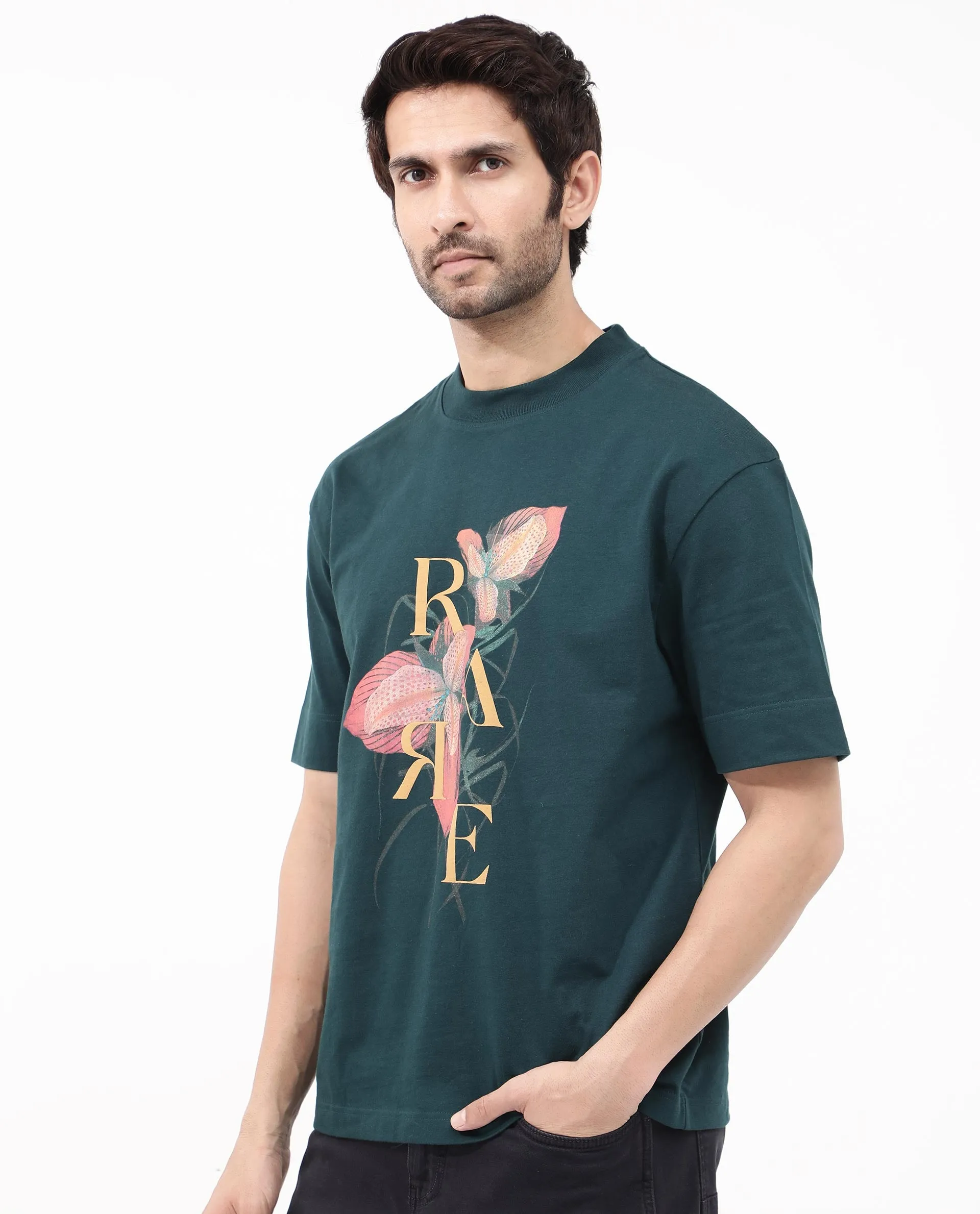 Rare Rabbit Articale Mens Tate Dark Teal Cotton Fabric Short Sleeve Crew Neck Oversized Fit Printed T-Shirt