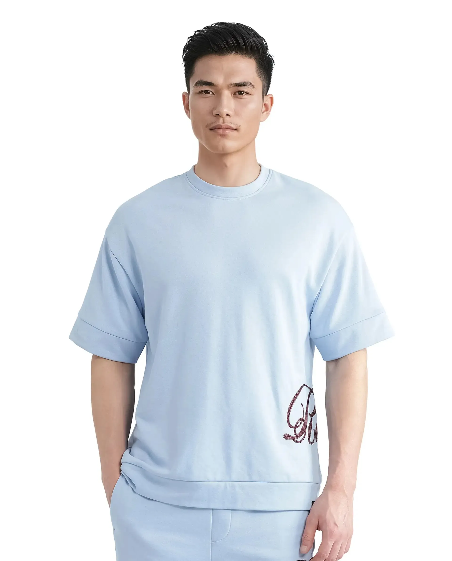 Rare Rabbit Men Loit Light Blue Cotton Poly Fabric Short Sleeve Crew Neck Embroidered Typography T-Shirt