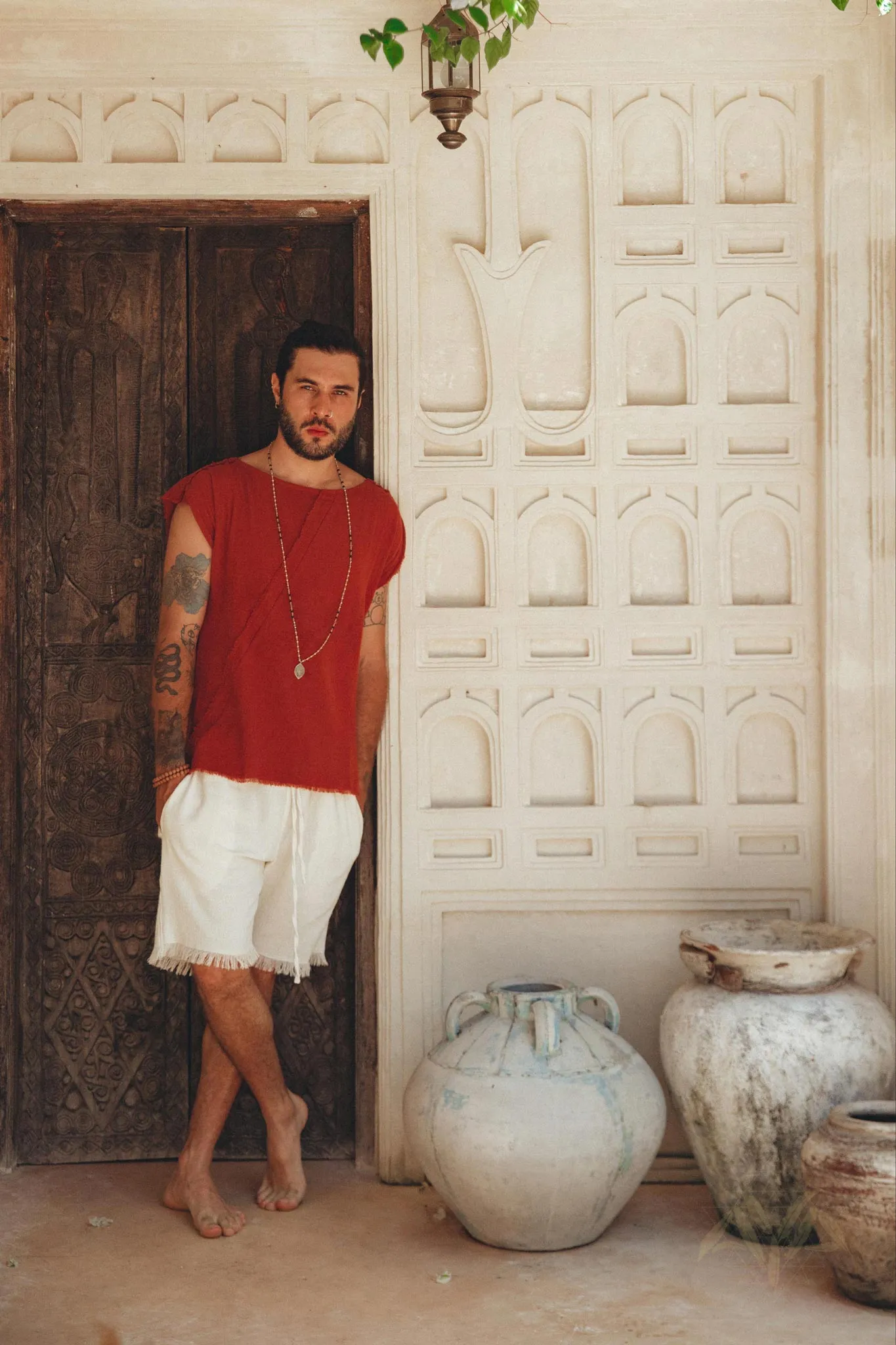 Red Raw Edge Thick Cotton Top Tee for Men