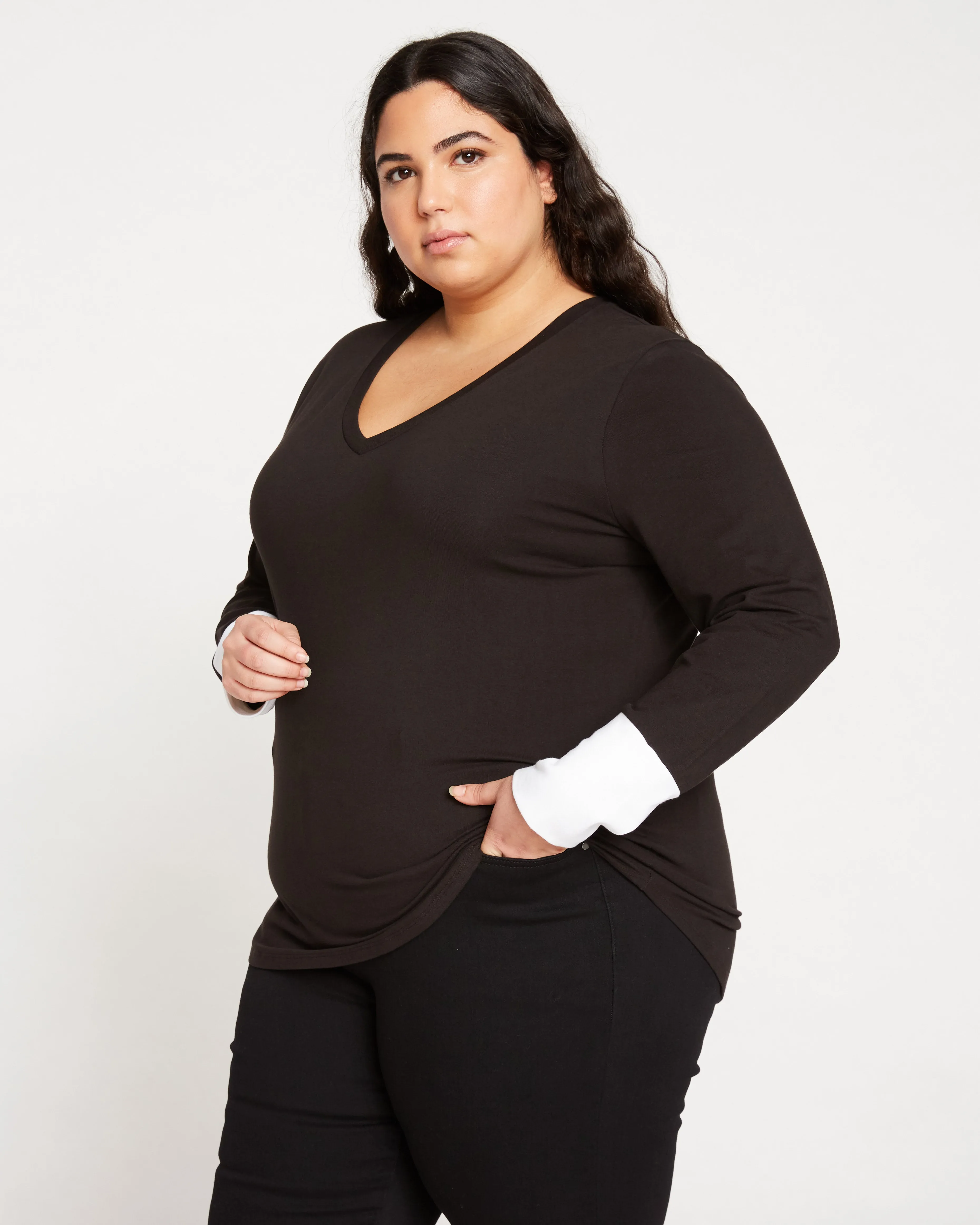 Rhine V Neck Color Block Cuff Top - Black/White