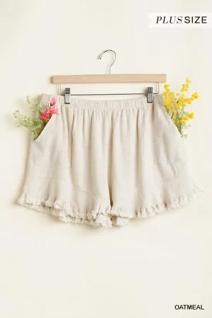 Ruffle-Trim Linen Shorts with Elastic Waist in Plus Size by Umgee