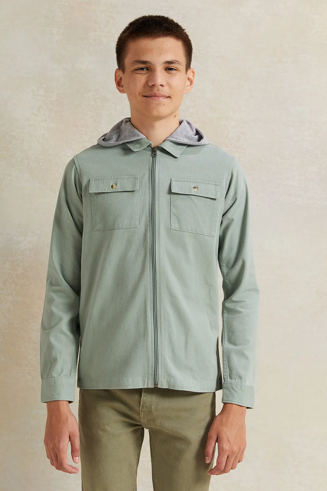 Senior Boys Green Hooded Shirt With Tee (2 Piece)
