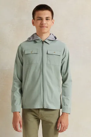 Senior Boys Green Hooded Shirt With Tee (2 Piece)
