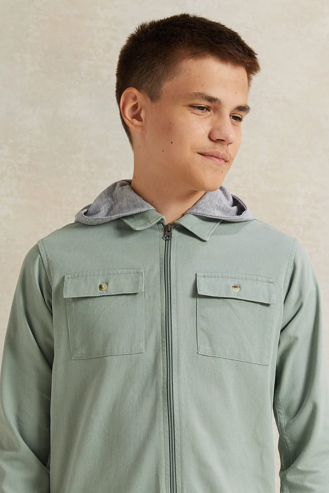 Senior Boys Green Hooded Shirt With Tee (2 Piece)