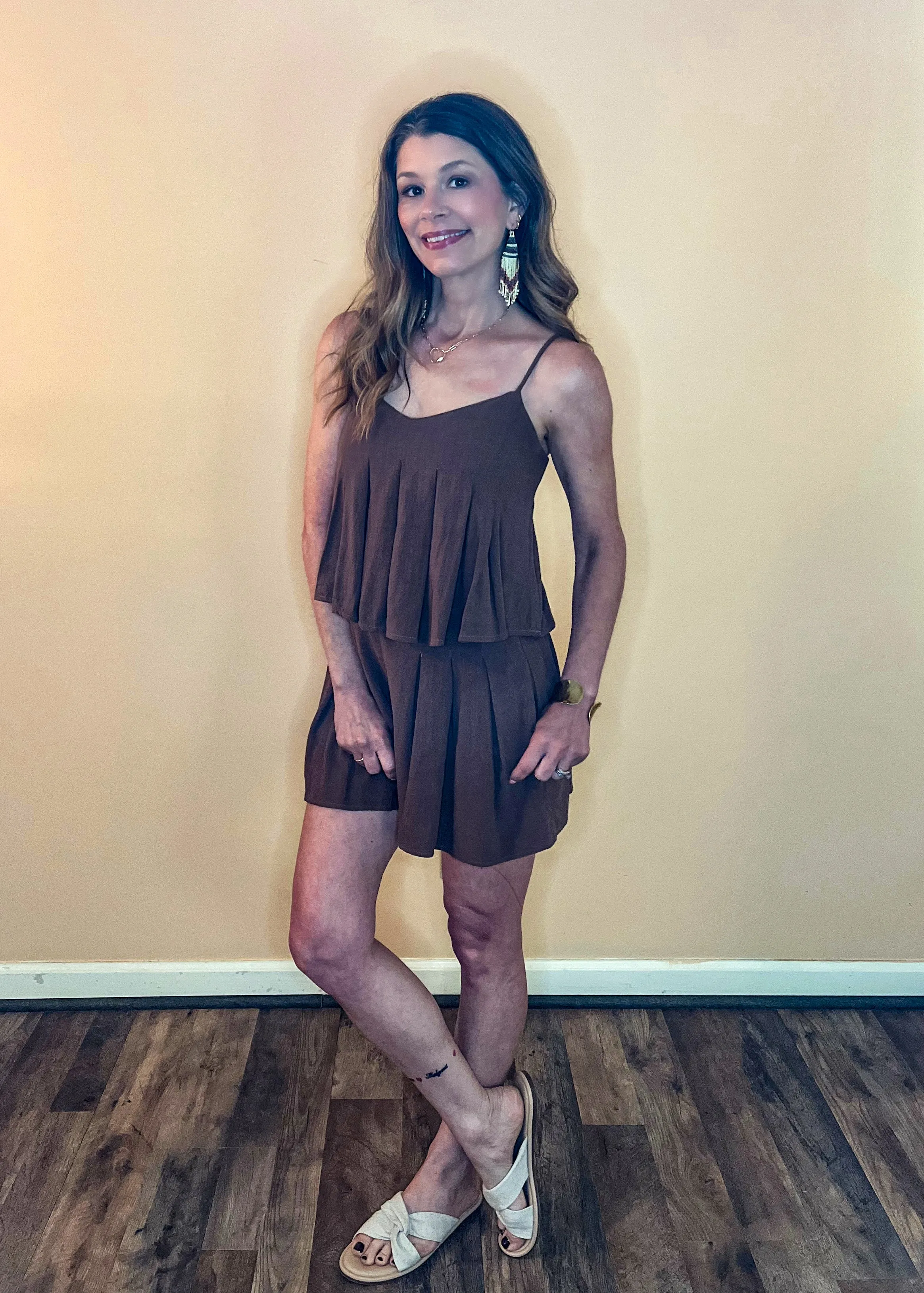 Shake It Off Pleated Linen-Blend Skort - Chocolate