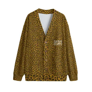 Sixty Eight 93 Logo White Cheetah Orange Unisex V-Neck Knitted Fleece Cardigan