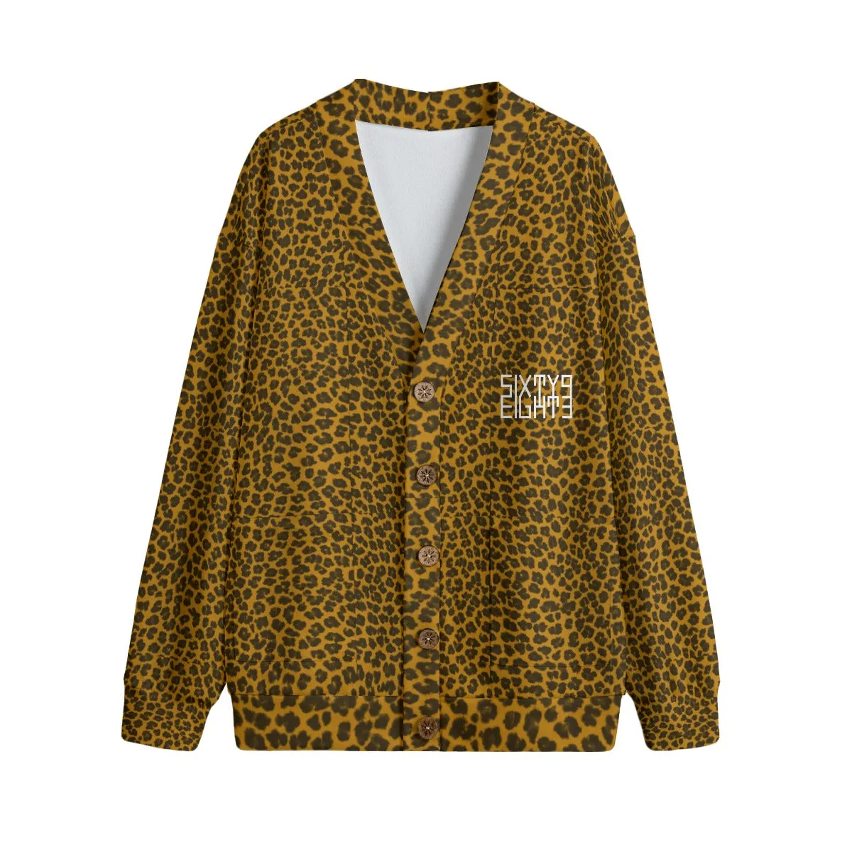 Sixty Eight 93 Logo White Cheetah Orange Unisex V-Neck Knitted Fleece Cardigan