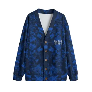 Sixty Eight 93 Logo White Floral Blue Unisex V-Neck Knitted Fleece Cardigan
