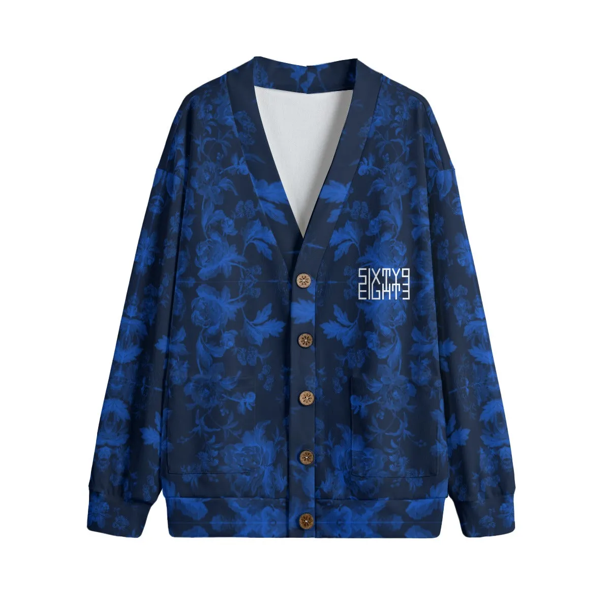 Sixty Eight 93 Logo White Floral Blue Unisex V-Neck Knitted Fleece Cardigan