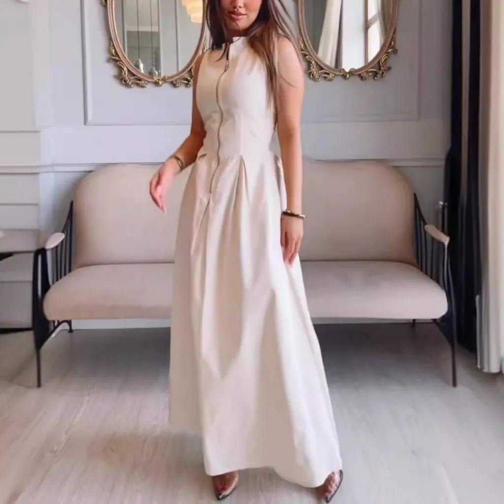 Sleeveless Front Zipped Long Maxi Dress