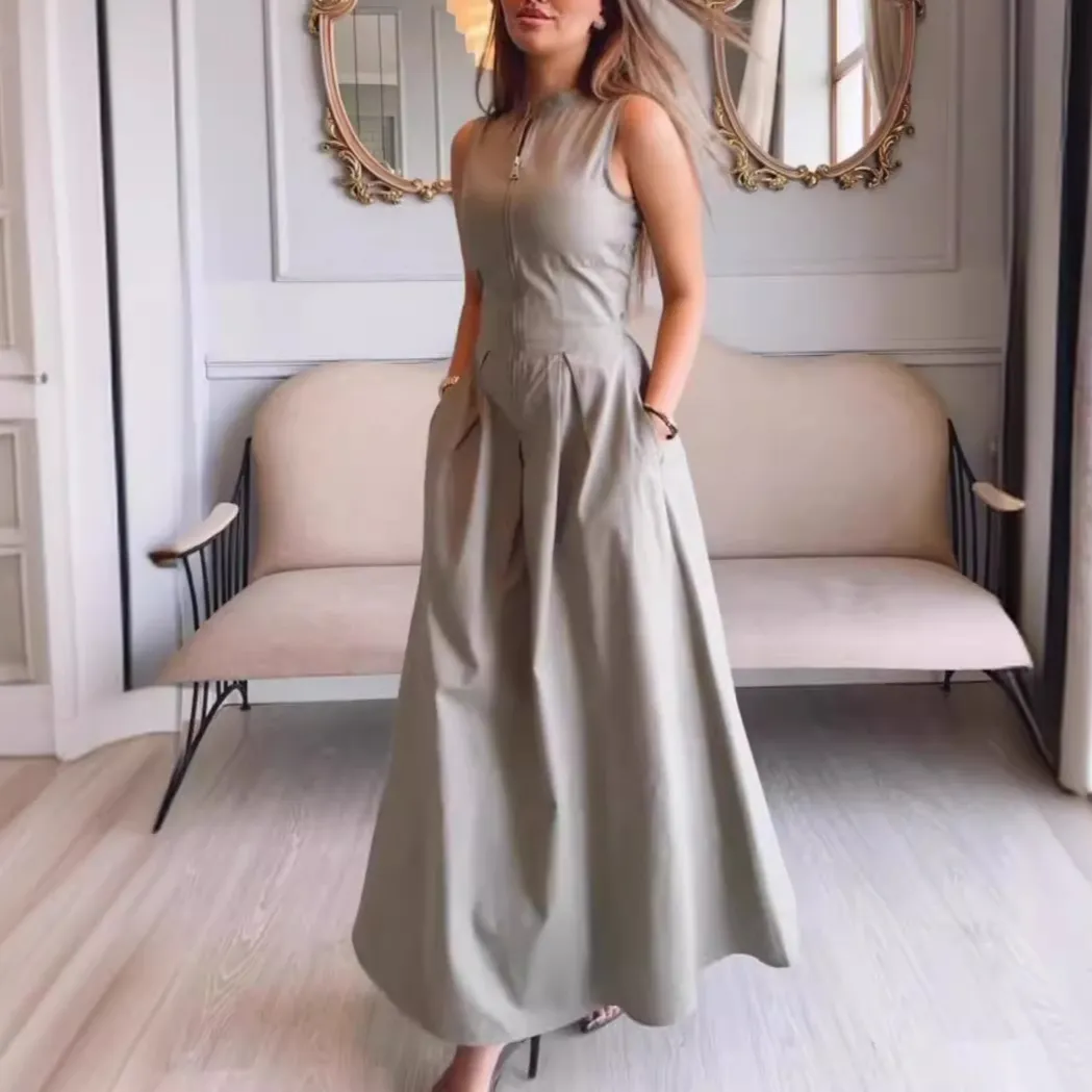 Sleeveless Front Zipped Long Maxi Dress