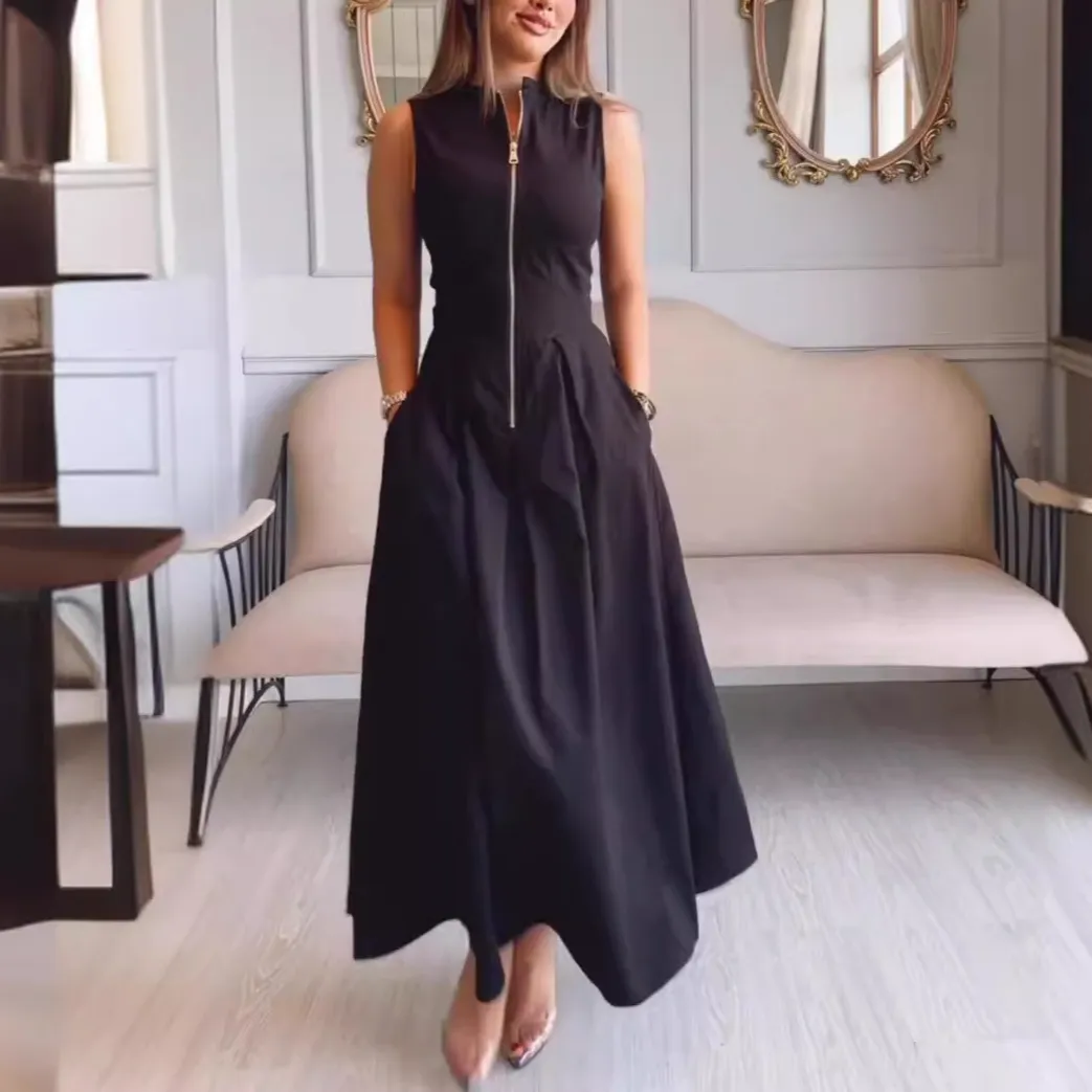 Sleeveless Front Zipped Long Maxi Dress