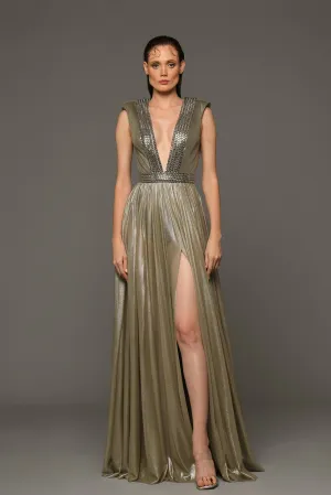 Sleeveless Silk Foiled Draped Dress