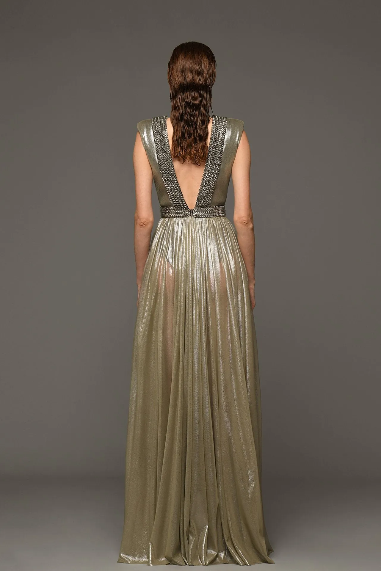 Sleeveless Silk Foiled Draped Dress