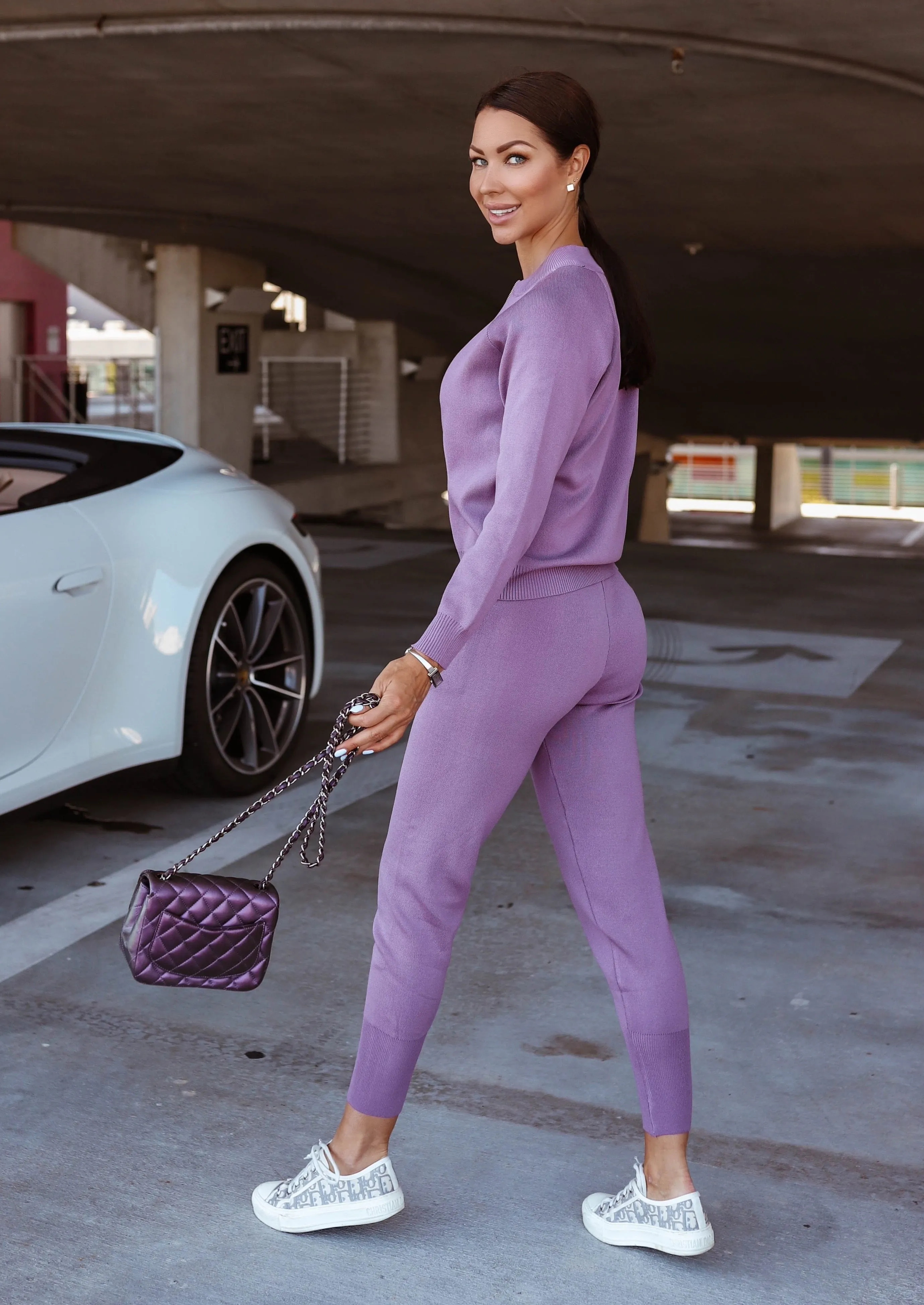 Soft Knitted set of top, cardigan, pants  - Lavender