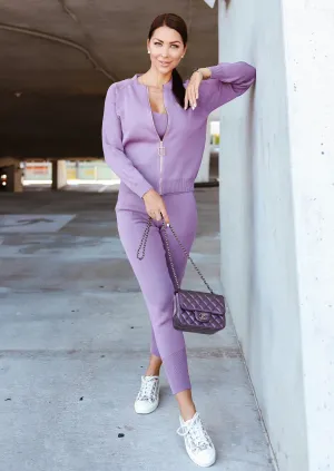 Soft Knitted set of top, cardigan, pants  - Lavender