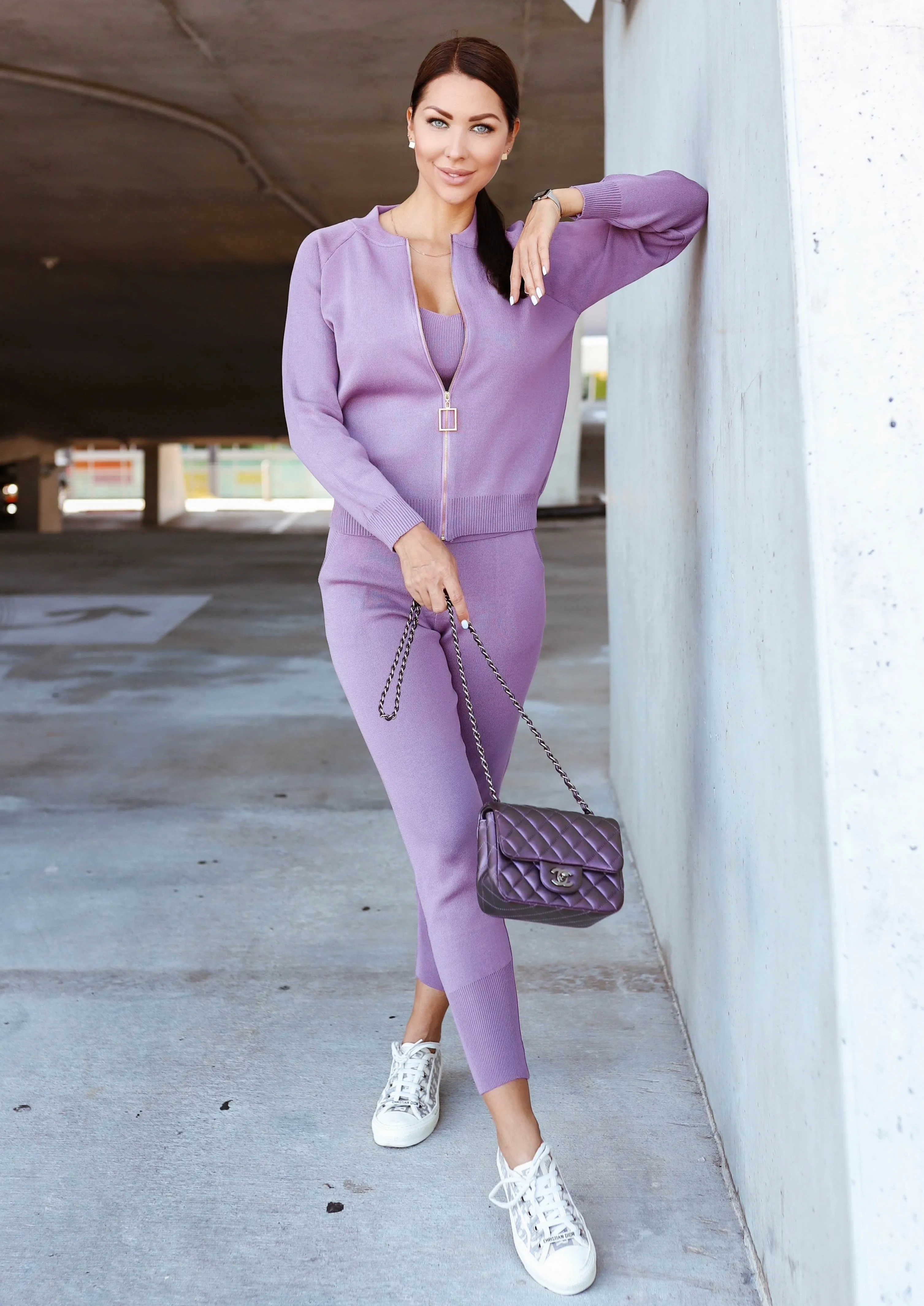 Soft Knitted set of top, cardigan, pants  - Lavender