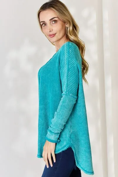 Teal Oversized Waffle Long Sleeve Top