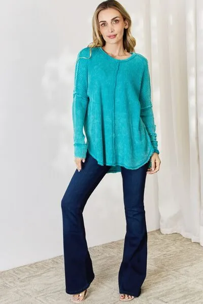 Teal Oversized Waffle Long Sleeve Top