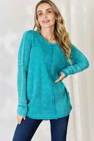 Teal Oversized Waffle Long Sleeve Top