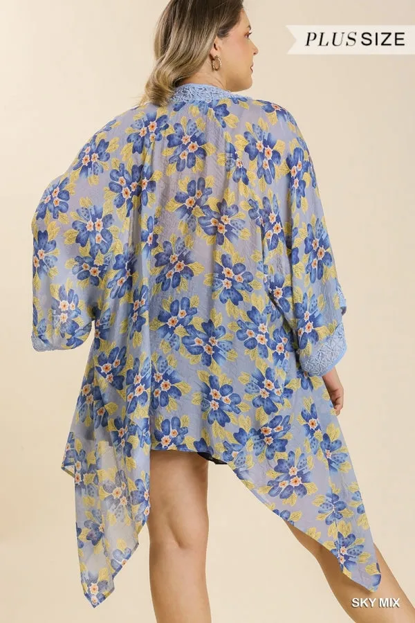 Umgee Sheer Floral Print Open Front Kimono With Crochet Detail In Sky Mix Plus