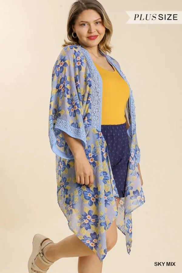 Umgee Sheer Floral Print Open Front Kimono With Crochet Detail In Sky Mix Plus
