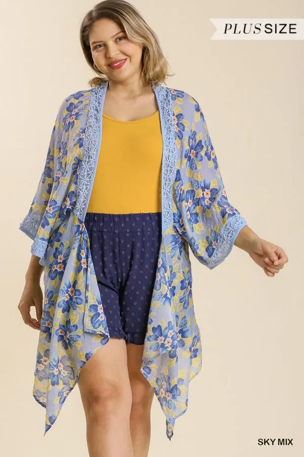 Umgee Sheer Floral Print Open Front Kimono With Crochet Detail In Sky Mix Plus