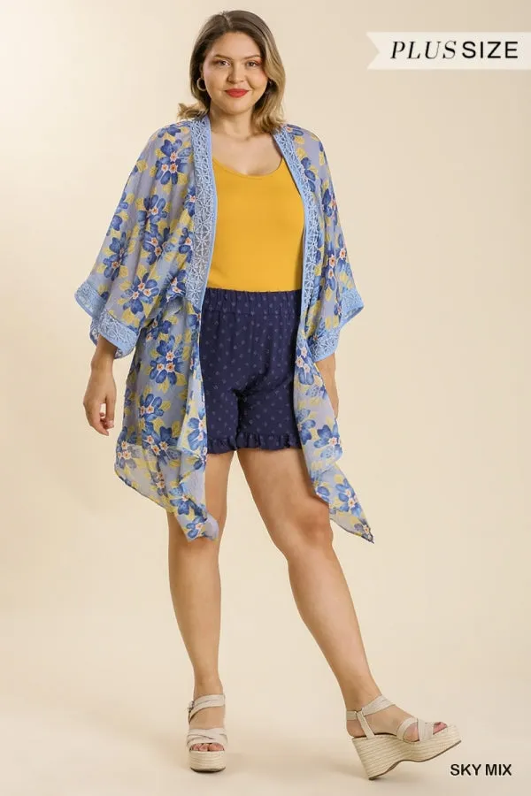 Umgee Sheer Floral Print Open Front Kimono With Crochet Detail In Sky Mix Plus