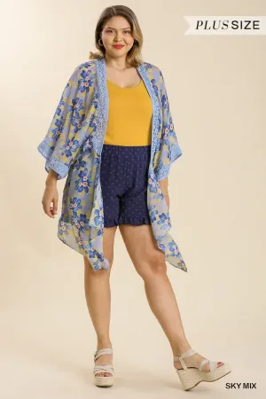Umgee Sheer Floral Print Open Front Kimono With Crochet Detail In Sky Mix Plus