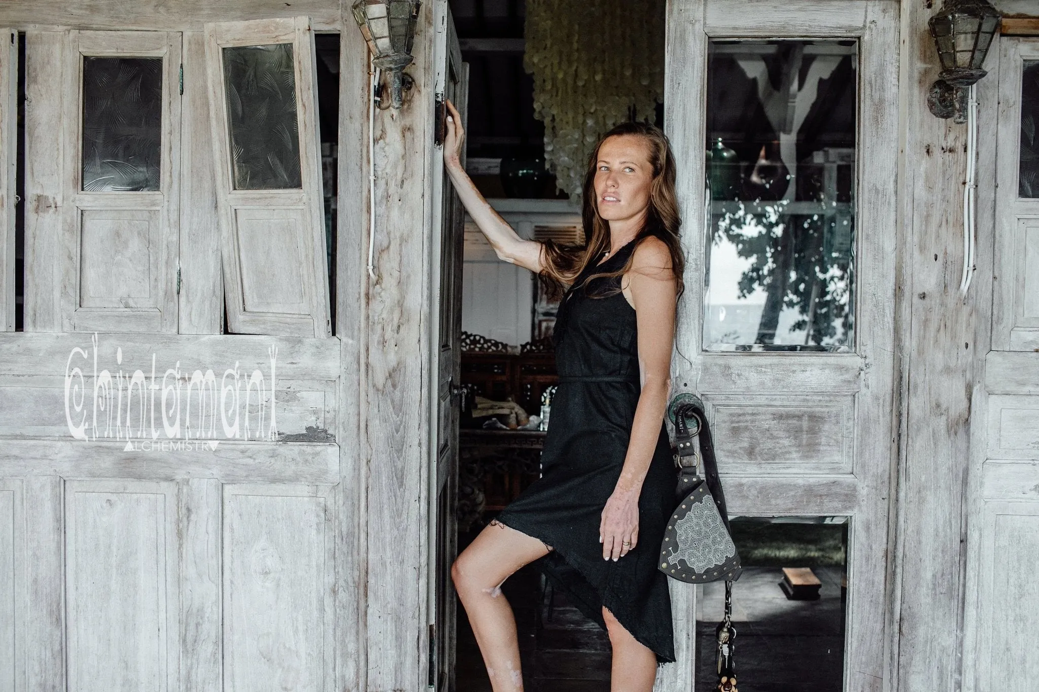 Vneck Raw Cotton Mini Tunic Dress with Belt and Fringes / Black