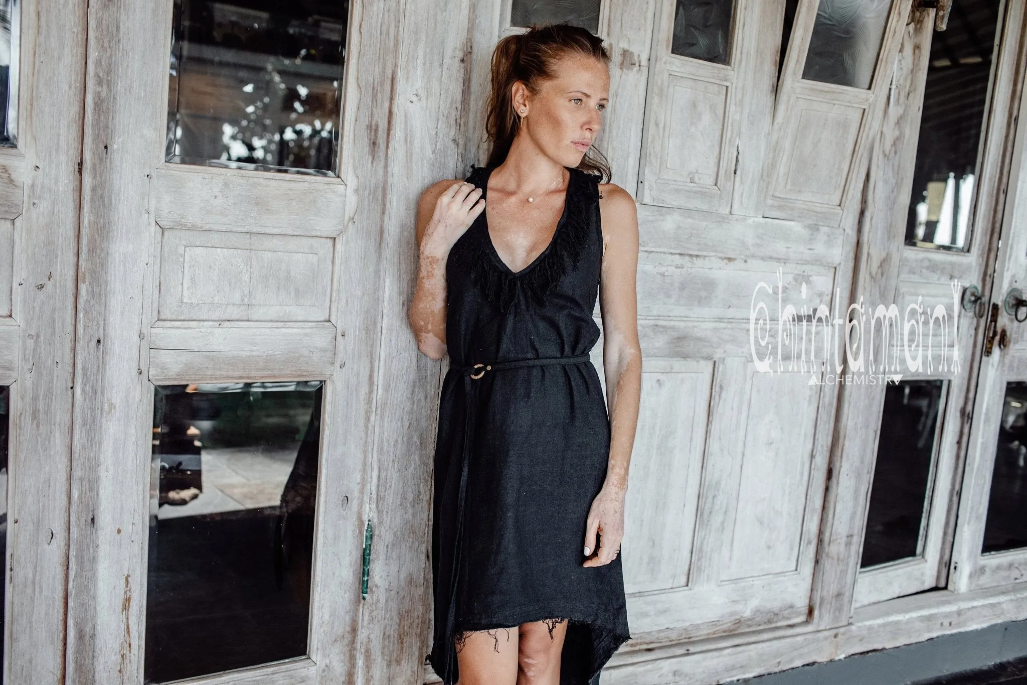 Vneck Raw Cotton Mini Tunic Dress with Belt and Fringes / Black