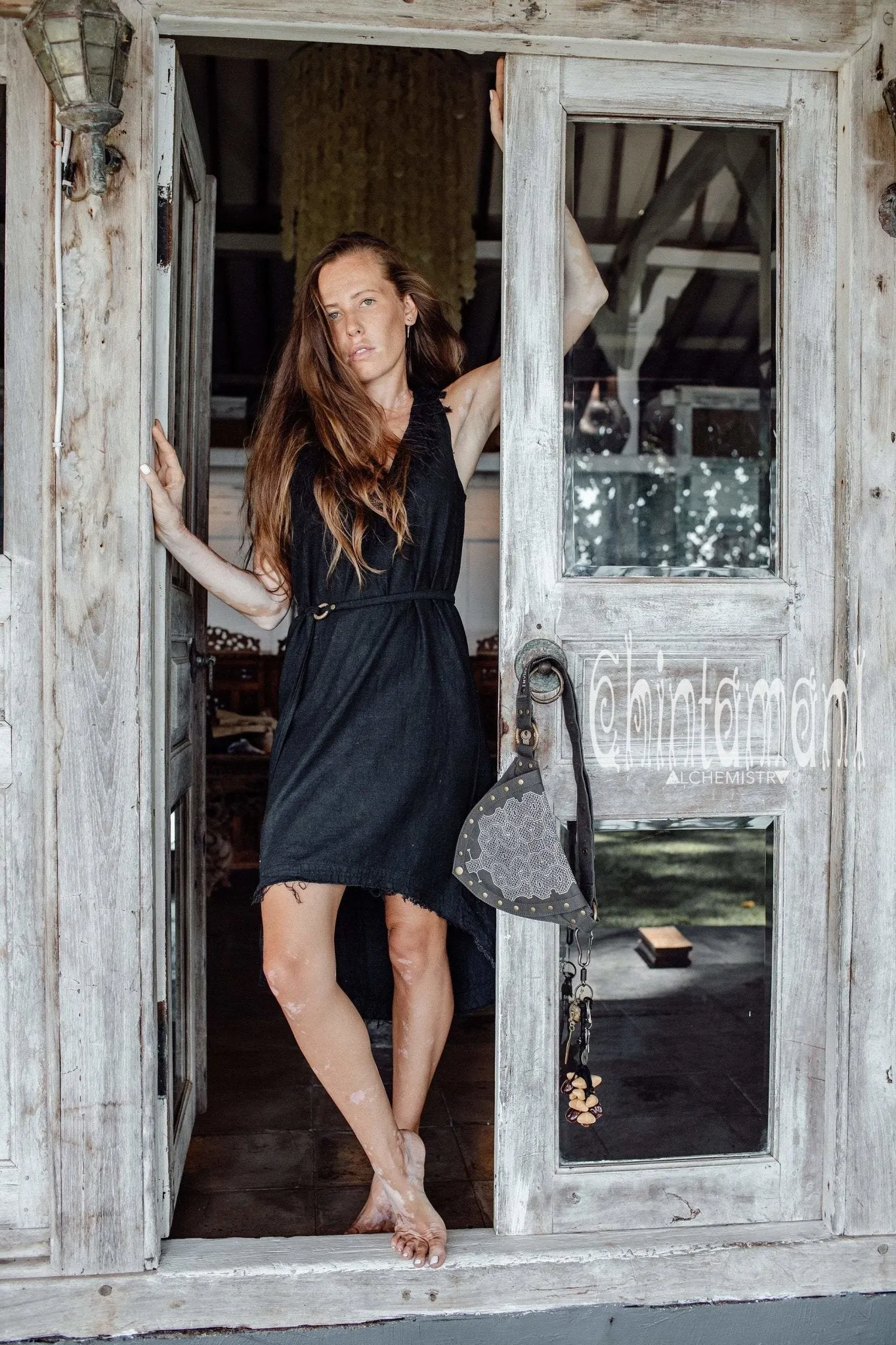 Vneck Raw Cotton Mini Tunic Dress with Belt and Fringes / Black