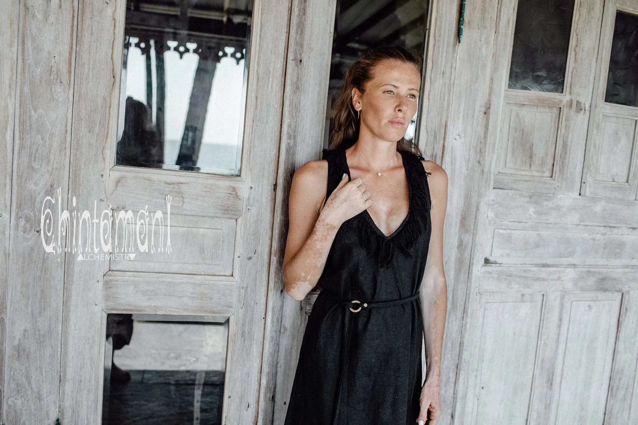 Vneck Raw Cotton Mini Tunic Dress with Belt and Fringes / Black