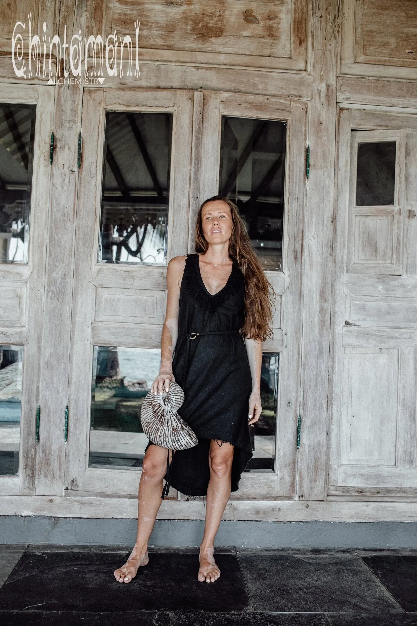 Vneck Raw Cotton Mini Tunic Dress with Belt and Fringes / Black