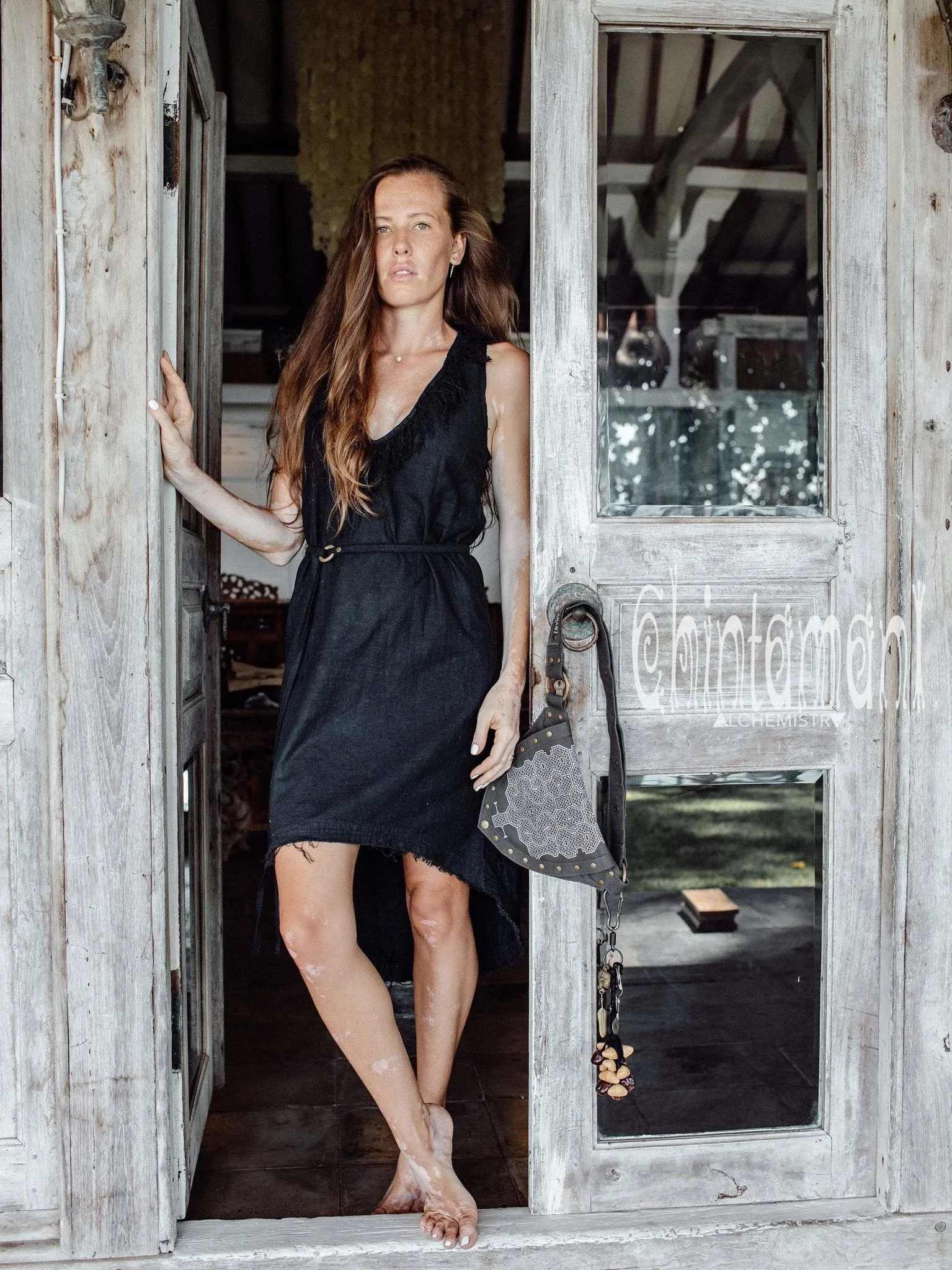 Vneck Raw Cotton Mini Tunic Dress with Belt and Fringes / Black