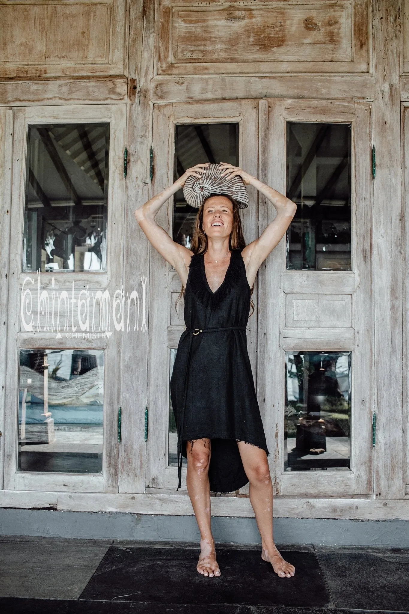 Vneck Raw Cotton Mini Tunic Dress with Belt and Fringes / Black