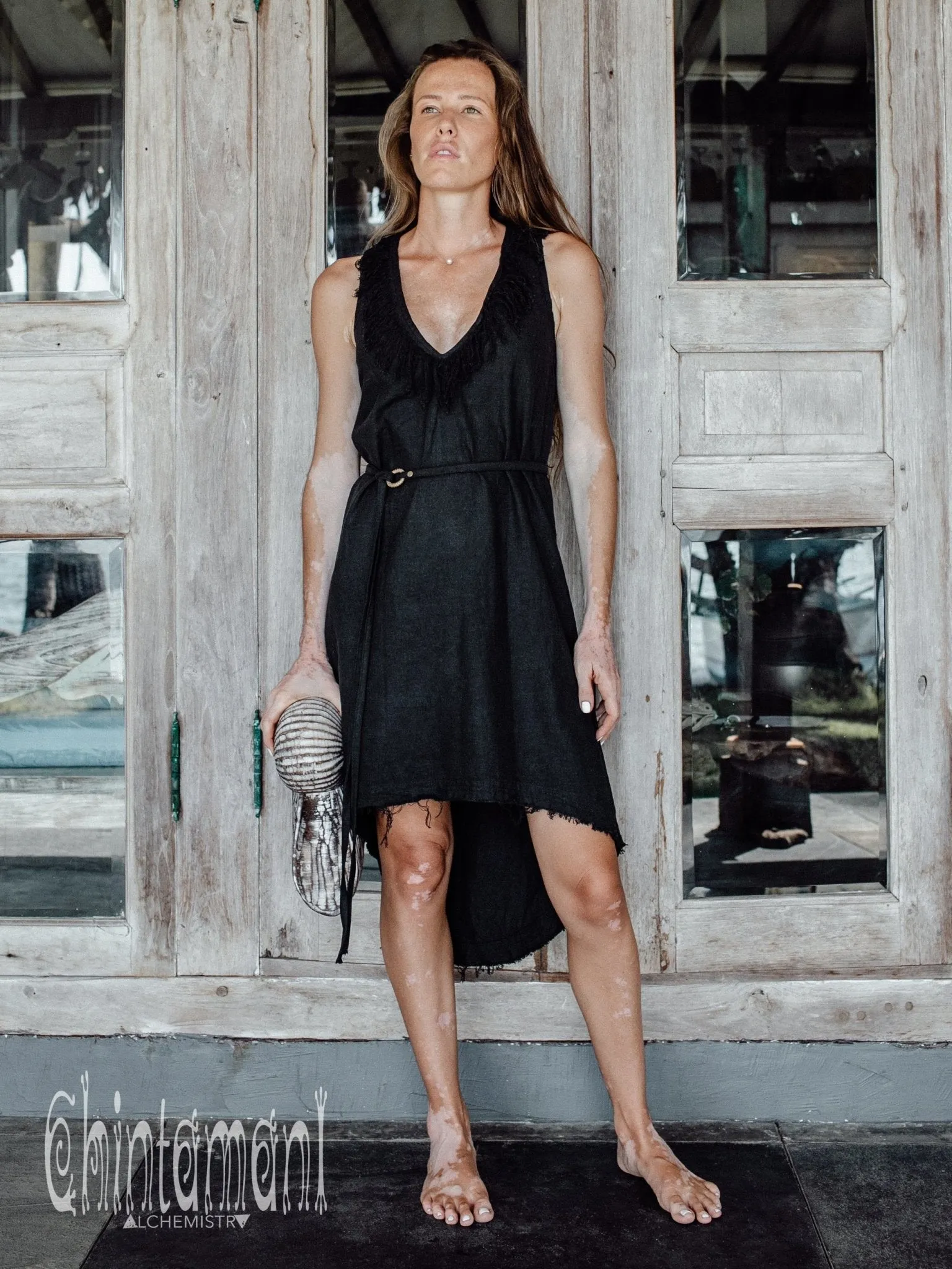 Vneck Raw Cotton Mini Tunic Dress with Belt and Fringes / Black