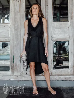 Vneck Raw Cotton Mini Tunic Dress with Belt and Fringes / Black