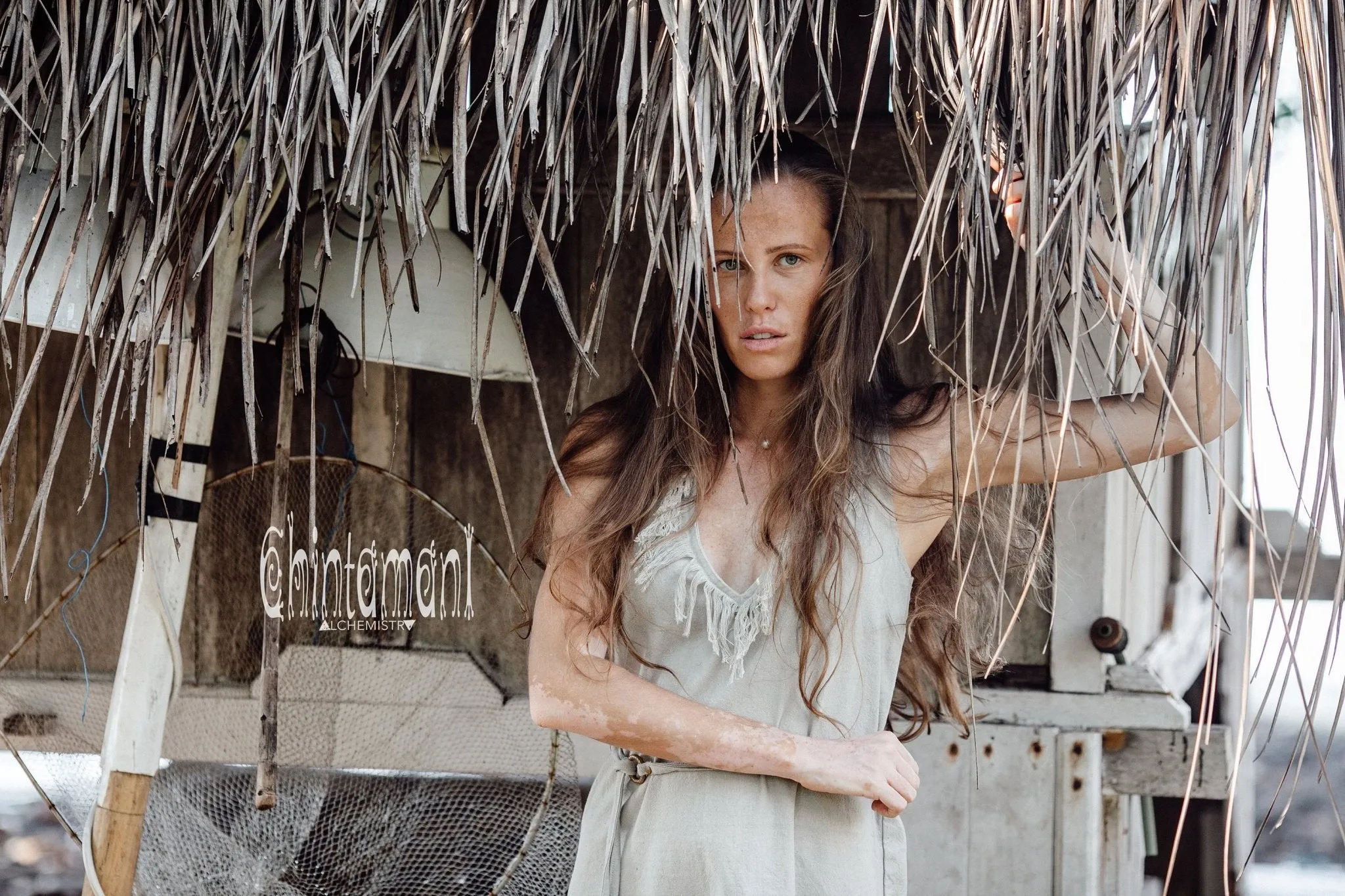 Vneck Raw Cotton Mini Tunic Dress with Belt and Fringes / Grey