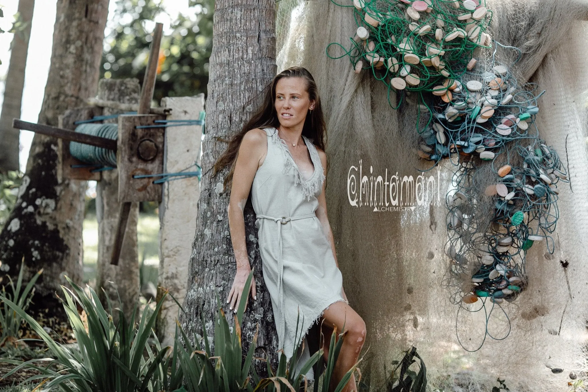 Vneck Raw Cotton Mini Tunic Dress with Belt and Fringes / Grey