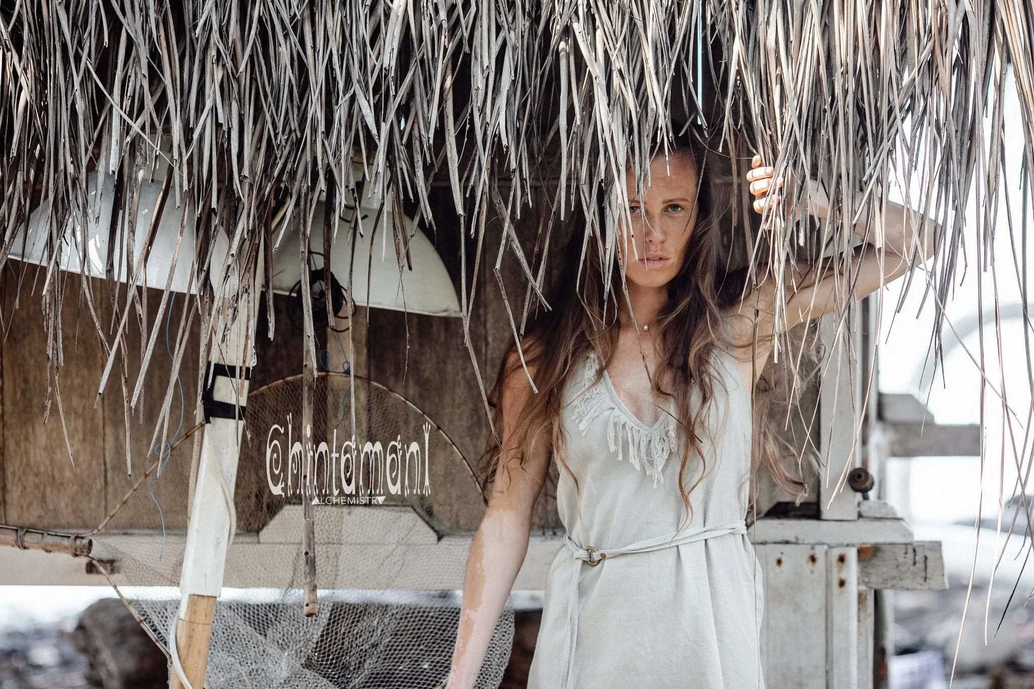 Vneck Raw Cotton Mini Tunic Dress with Belt and Fringes / Grey