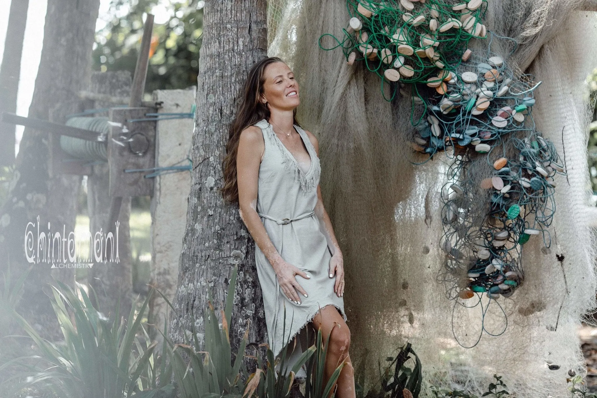 Vneck Raw Cotton Mini Tunic Dress with Belt and Fringes / Grey