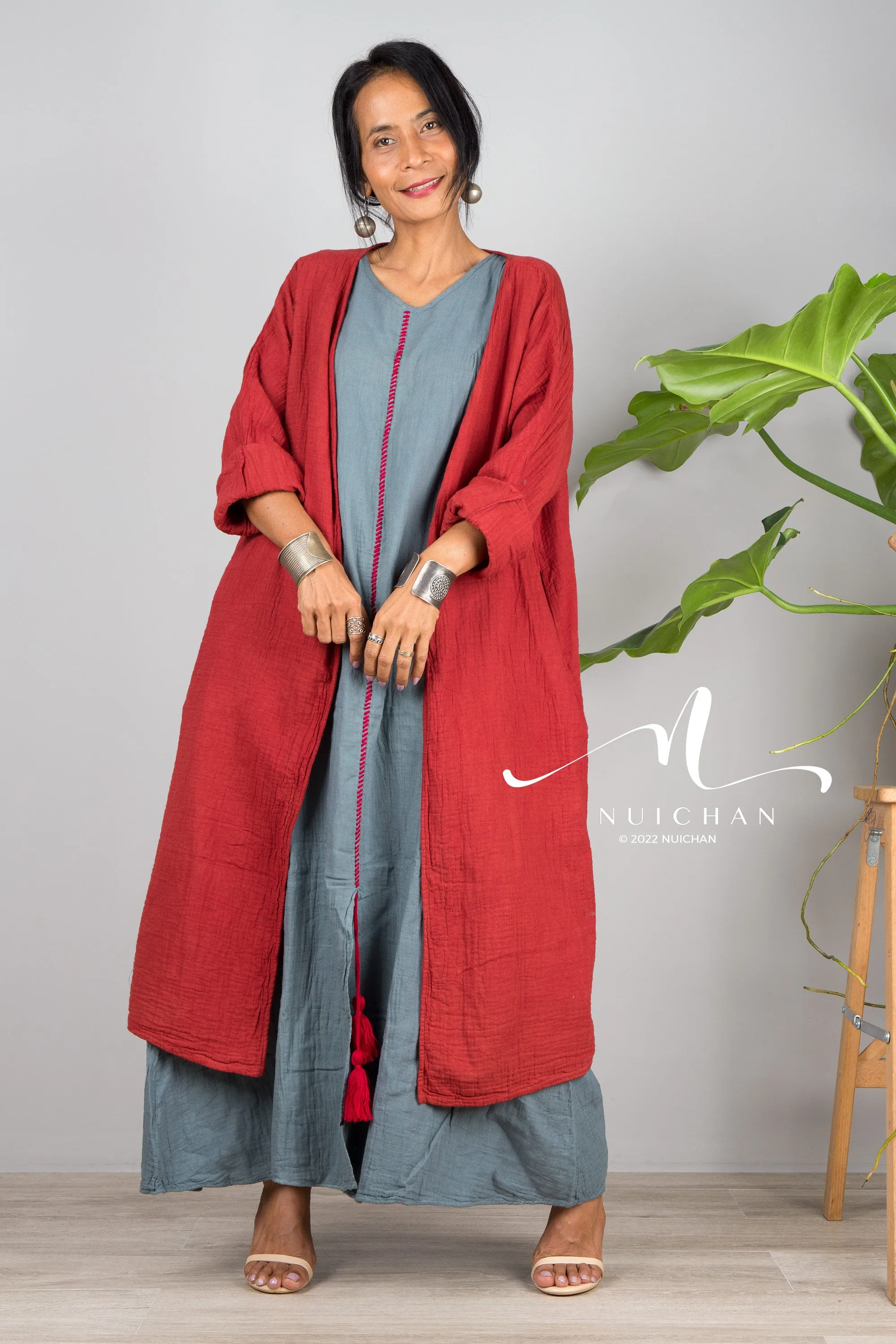 Wine red Cotton open front cardigan