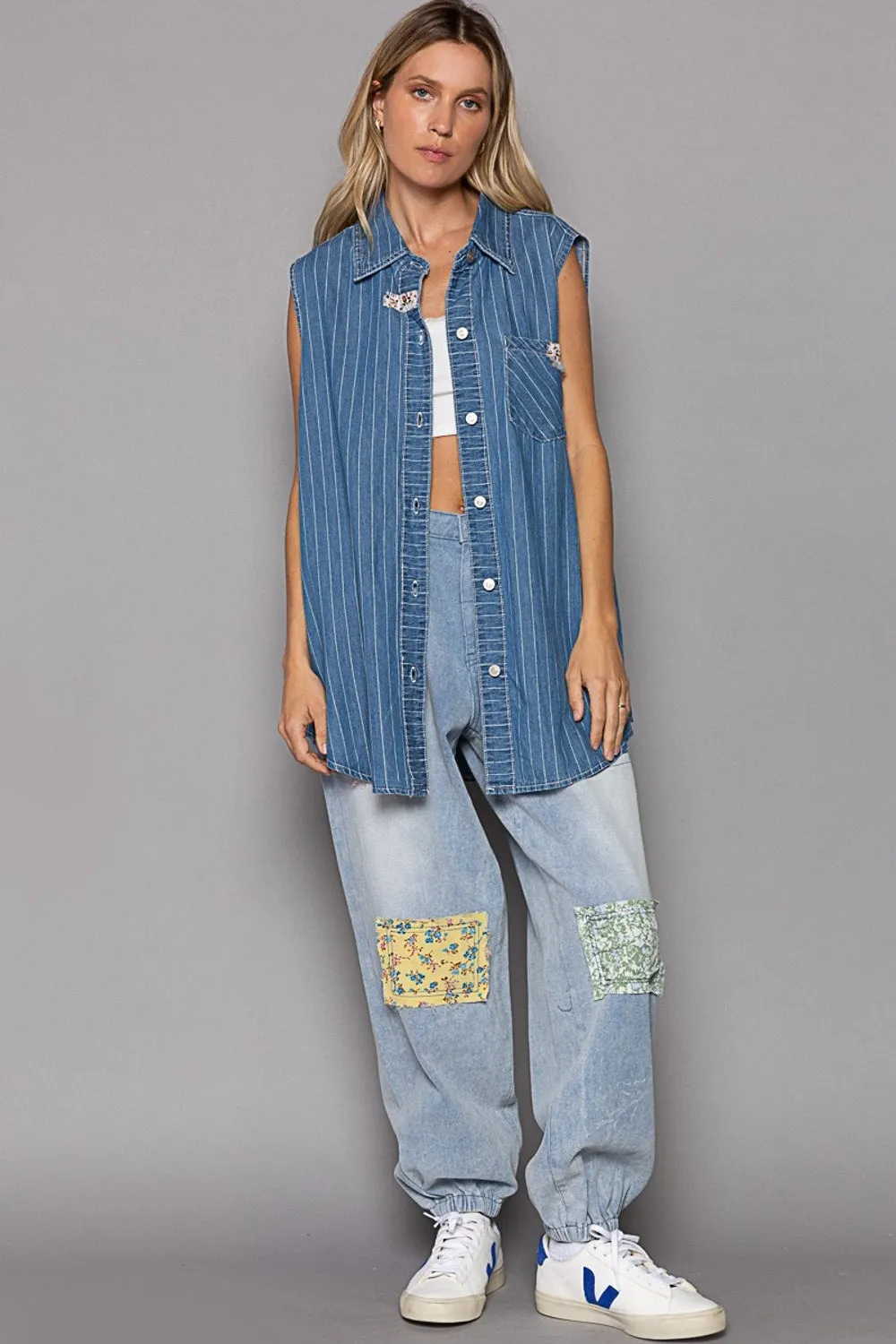 Women's POL Button Down Sleeveless Striped Denim Shirt